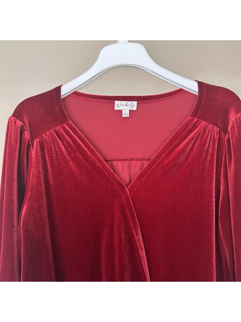 Wonderly L Red Velvet Long Sleeve Top Smocked Cuff Festive Feminine Fall Winter - Picture 6 of 8